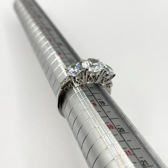 Gorgeous Three Stone CZ Sterling Silver Marked Engagement Ring | Size 8 - Picture 9 of 12